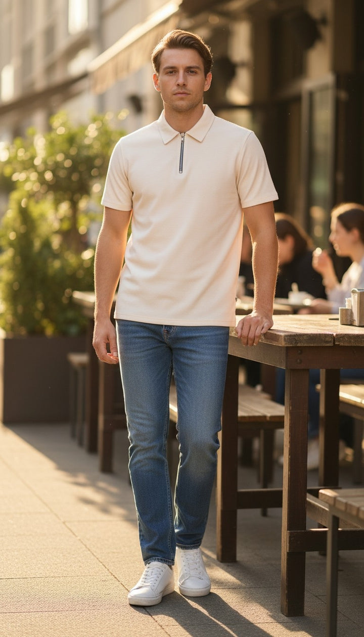 Rovelle Signature Knitted Zipper Polo Beige man outdoor Pakistan