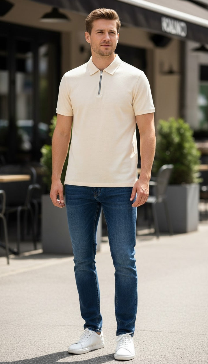 Rovelle Beige Zipper Polo front view men streetwear Pakistan