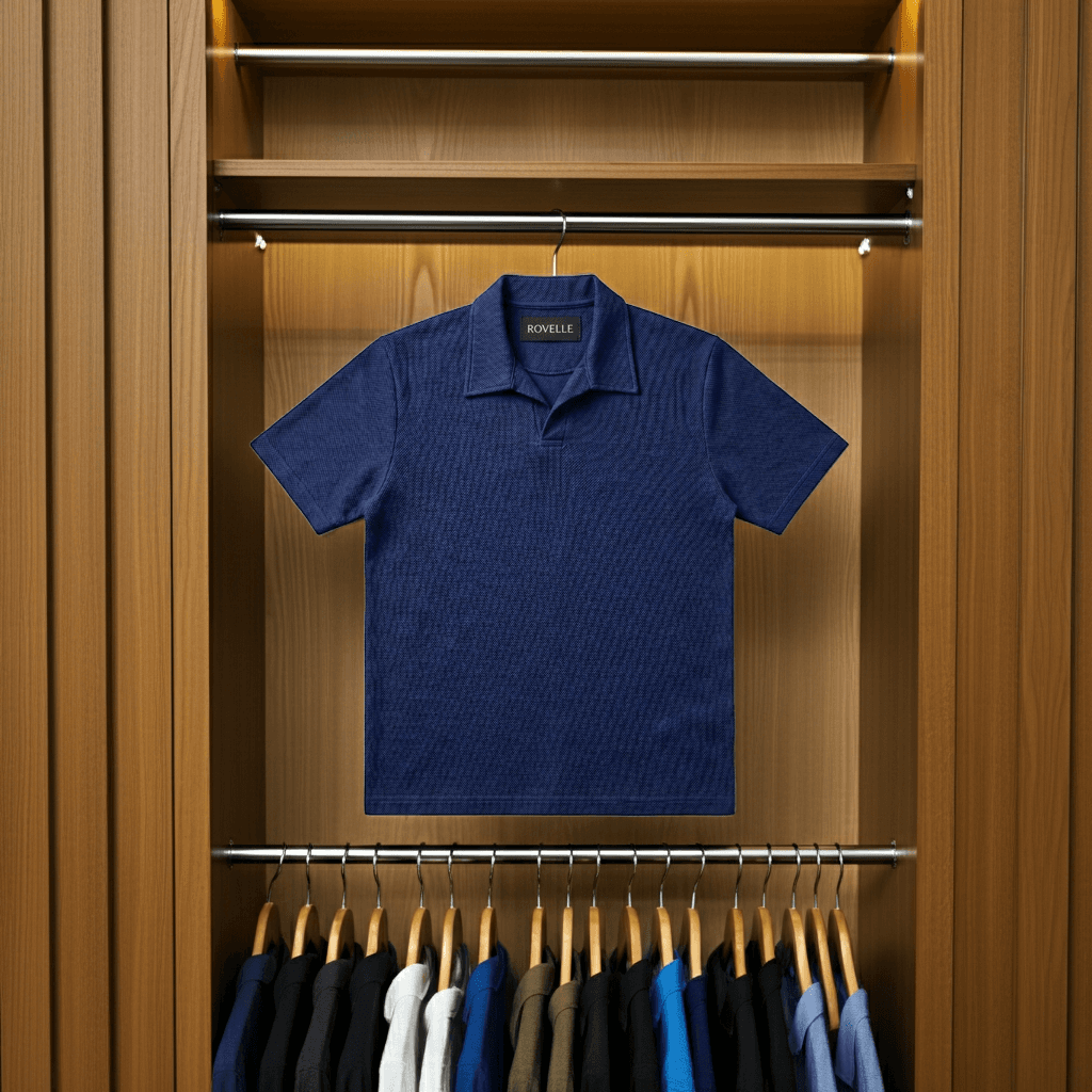 Rovelle Blue V-Neck Polo hanging wardrobe premium Pakistan